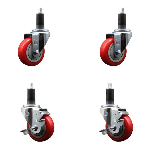 Service Caster 3.5'' Red Poly Wheel Swivel 1-1/4'' Expanding Stem Caster Set 2 Brakes, 4PK SCC-EX20S3514-PPUB-RED-2-TLB-2-114 - main